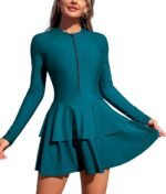 Women's One Piece Rash Guard Long Sleeve Modest Swimsuits Dress Zipper Bathing Suit Swimskirt