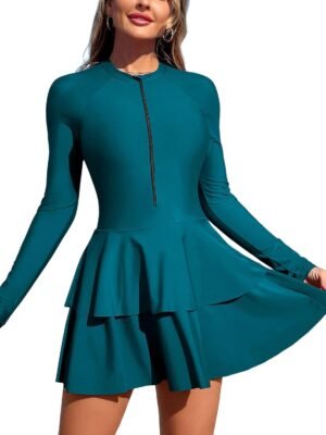 Women's One Piece Rash Guard Long Sleeve Modest Swimsuits Dress Zipper Bathing Suit Swimskirt
