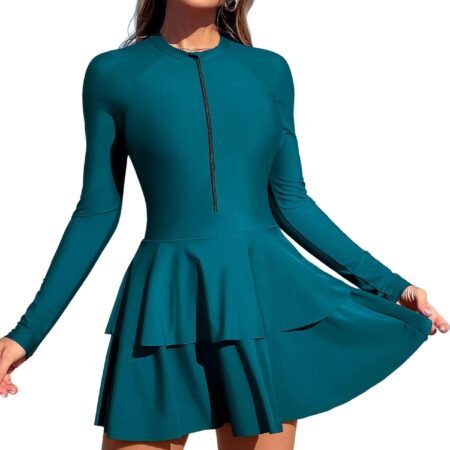 Women's One Piece Rash Guard Long Sleeve Modest Swimsuits Dress Zipper Bathing Suit Swimskirt