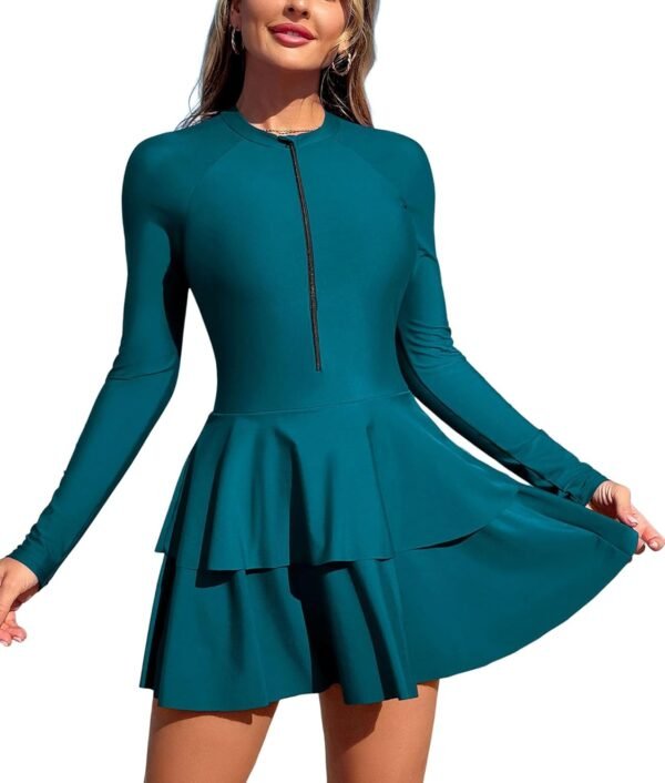 Women's One Piece Rash Guard Long Sleeve Modest Swimsuits Dress Zipper Bathing Suit Swimskirt