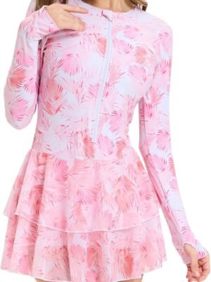 Womens Rash Guard Long Sleeve  Zip Up One Piece Swimsuits with Shorts Modest Swim Dress with Built in Bra