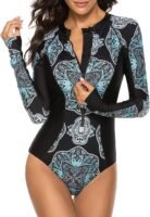 Women's Long Sleeve Rash Guard UV Protection Zipper Printed Surfing One Piece Swimsuit Bathing Suit