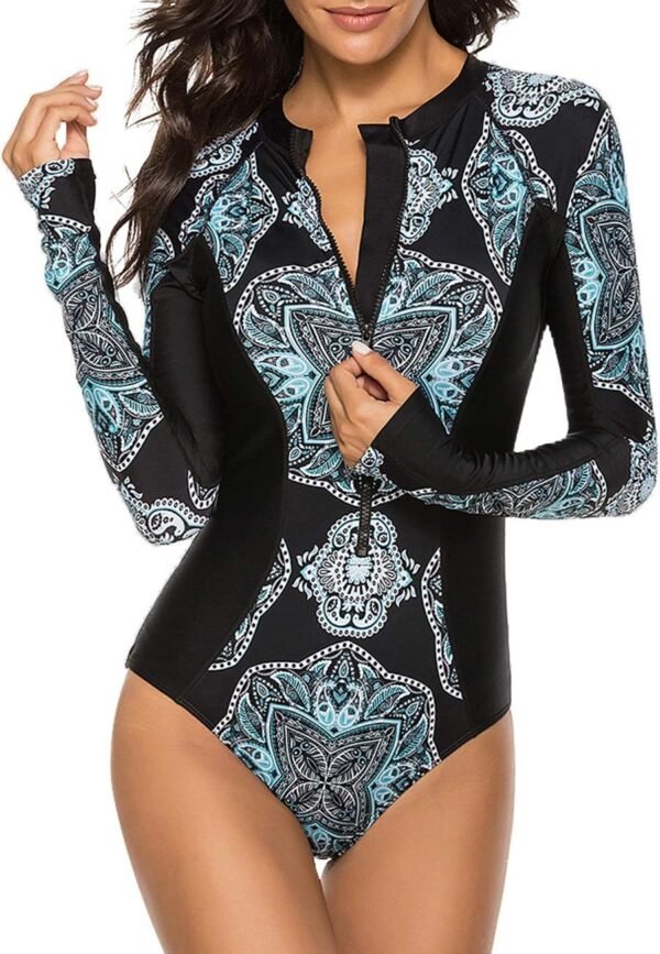 Women's Long Sleeve Rash Guard UV Protection Zipper Printed Surfing One Piece Swimsuit Bathing Suit