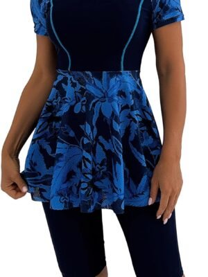 Women Split Two-Piece Swimsuit Breathable Mesh Short Sleeve Floral Print Swim Dress with Boyshorts Modest Bathing Suit
