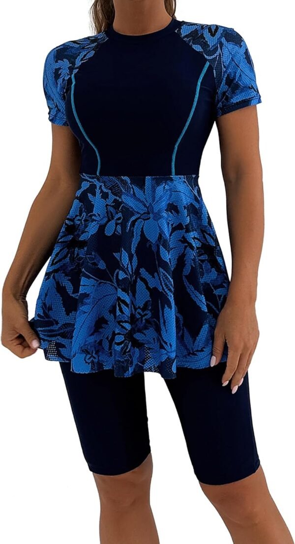 Women Split Two-Piece Swimsuit Breathable Mesh Short Sleeve Floral Print Swim Dress with Boyshorts Modest Bathing Suit