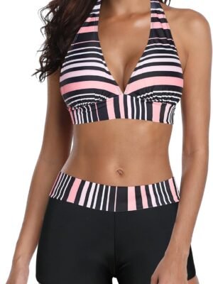 Boyshort Two Piece Swimsuits for Women - Modest Sporty Full Coverage Push Up Bikini Set Halter Bathing Suit for Beach