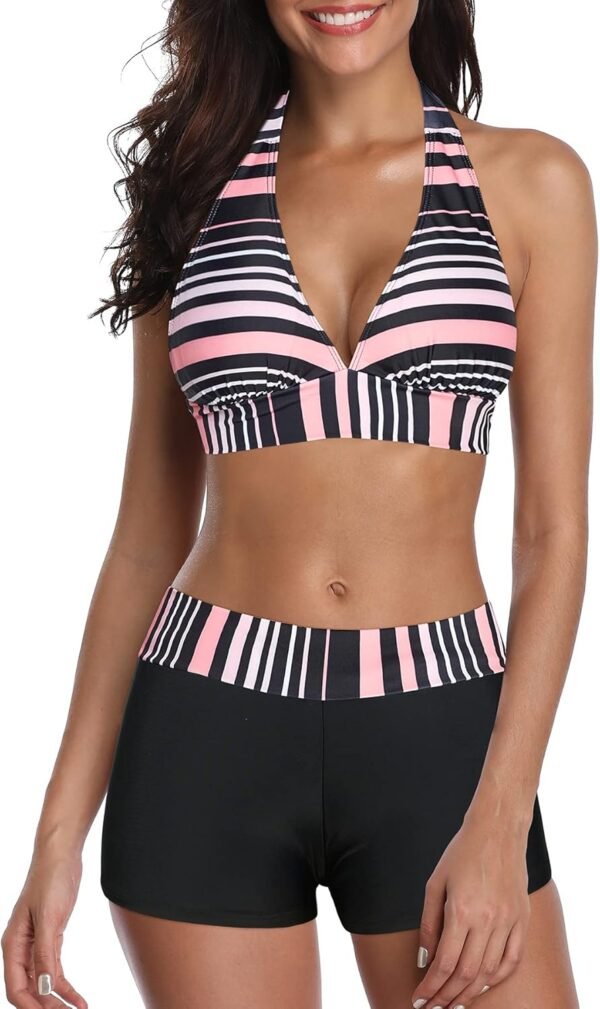 Boyshort Two Piece Swimsuits for Women - Modest Sporty Full Coverage Push Up Bikini Set Halter Bathing Suit for Beach