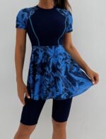 Women Split Two-Piece Swimsuit Breathable Mesh Short Sleeve Floral Print Swim Dress with Boyshorts Modest Bathing Suit