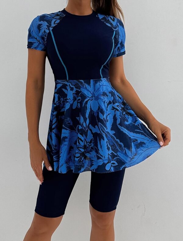 Women Split Two-Piece Swimsuit Breathable Mesh Short Sleeve Floral Print Swim Dress with Boyshorts Modest Bathing Suit