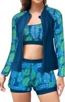 Women's 3-Piece Zipper Rash Guard Swimsuits with Tank Bikini Top & High Waist Boyshort