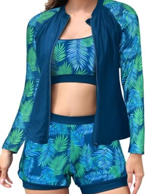 Women's 3-Piece Zipper Rash Guard Swimsuits with Tank Bikini Top & High Waist Boyshort