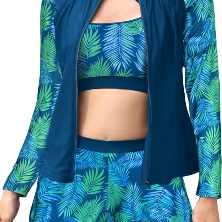 Women's 3-Piece Zipper Rash Guard Swimsuits with Tank Bikini Top & High Waist Boyshort