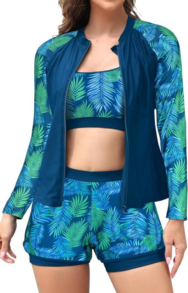 Women's 3-Piece Zipper Rash Guard Swimsuits with Tank Bikini Top & High Waist Boyshort